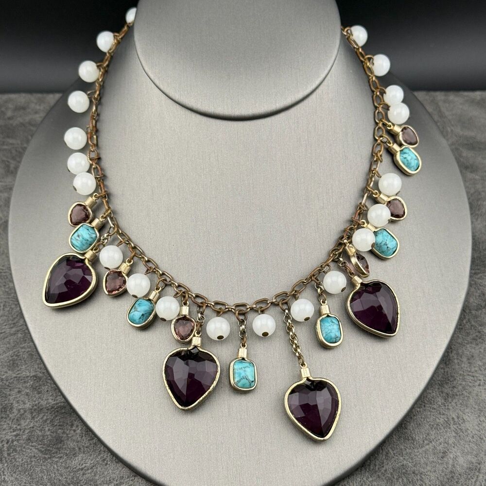 Vintage Necklace Dangle Purple Glass Heart Faux Turquoise Charms Gold-tone Chain